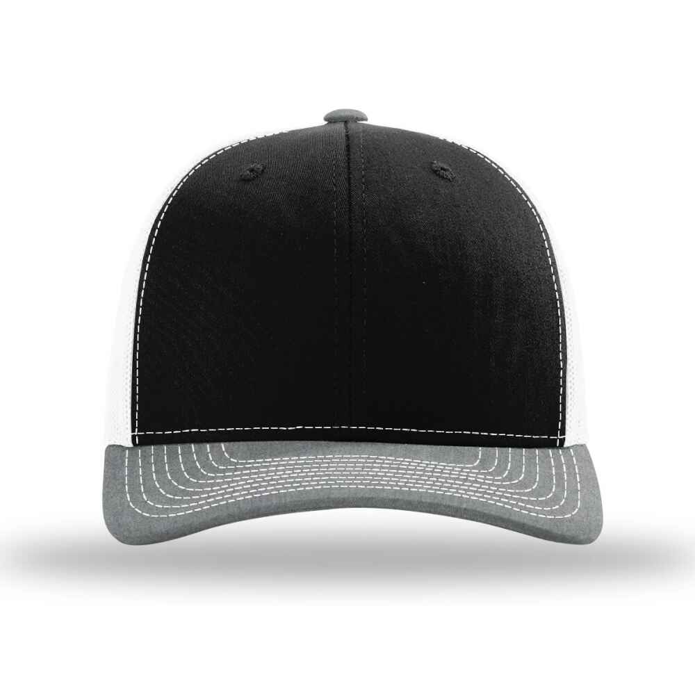 Custom-Black-White-Heather-Grey-color-112-style-blank-trucker-hat-front-view