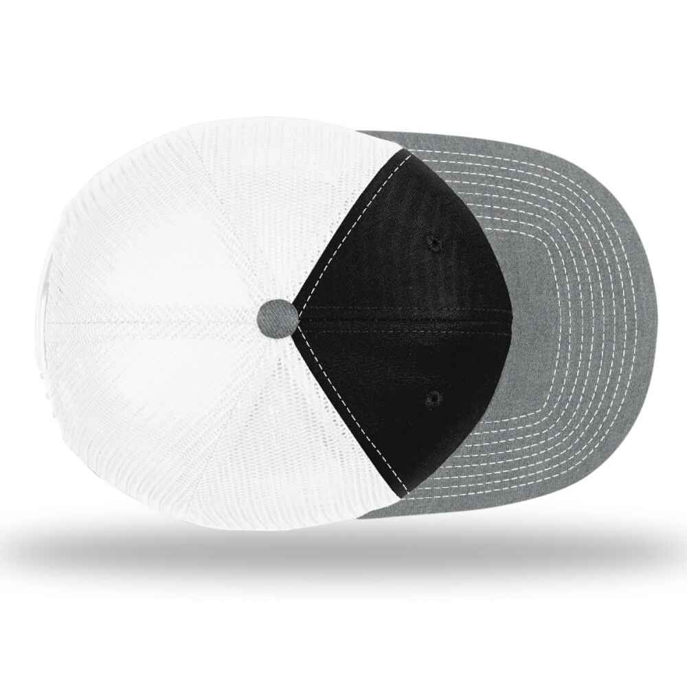 Custom-Black-White-Heather-Grey-color-112-style-blank-trucker-hat-top-view