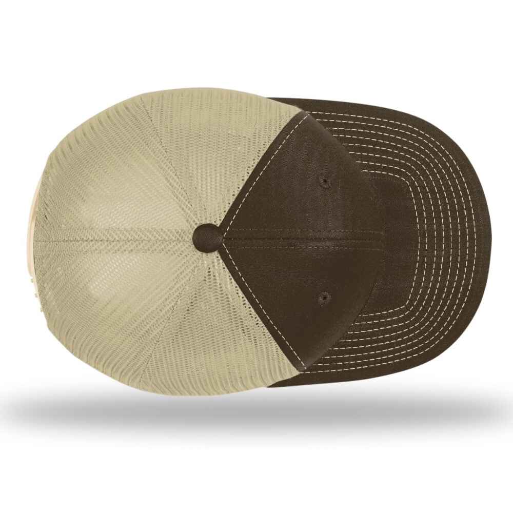 Custom-Brown-Khaki-color-112-style-blank-trucker-hat-Top-view