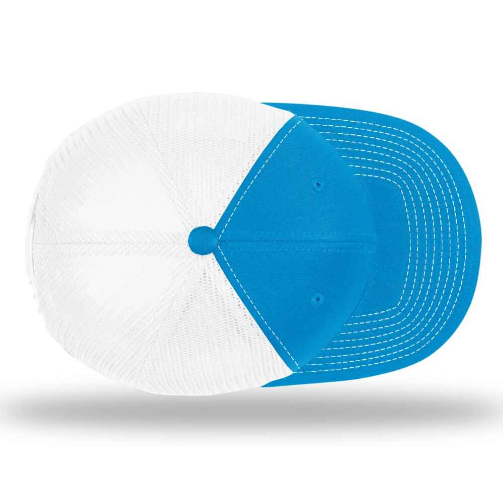 Custom-Cyan-White-color-112-style-blank-trucker-hat-top-view