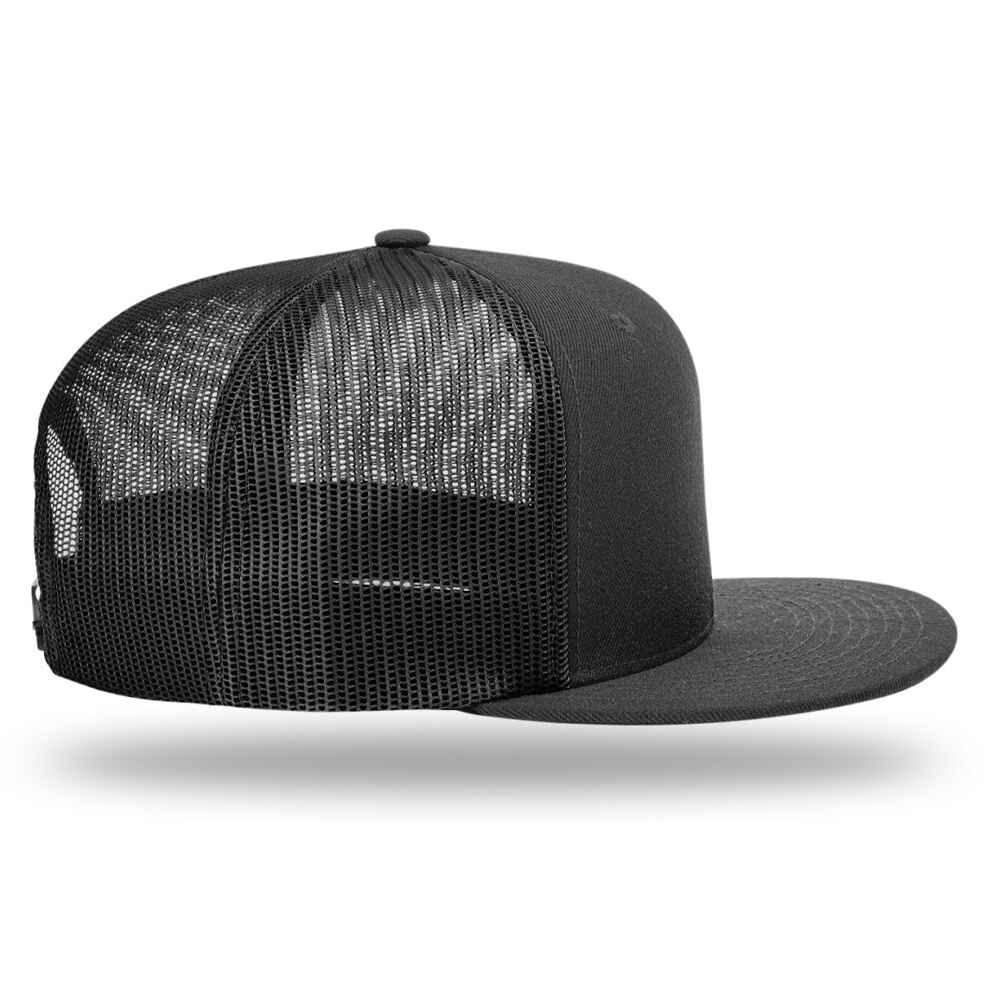 Custom-Flat-Brim-Baseball-Caps-Richardson-511-trucker-hats-style-Black-Mesh-Back-Black-Acrylic-Polyester-Blend-Fabric-Right-view