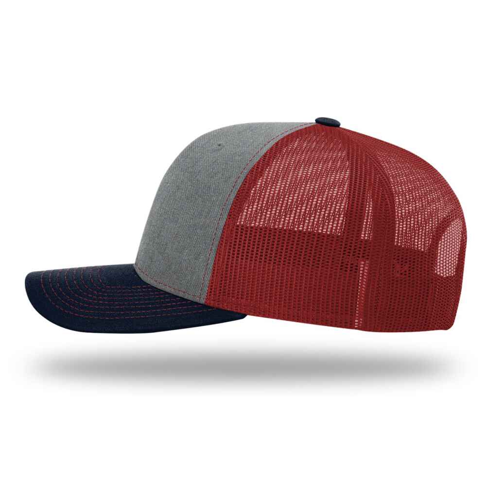 Custom-Heather-Grey-Cardinal-Navy-color-112-style-blank-trucker-hat-left-view