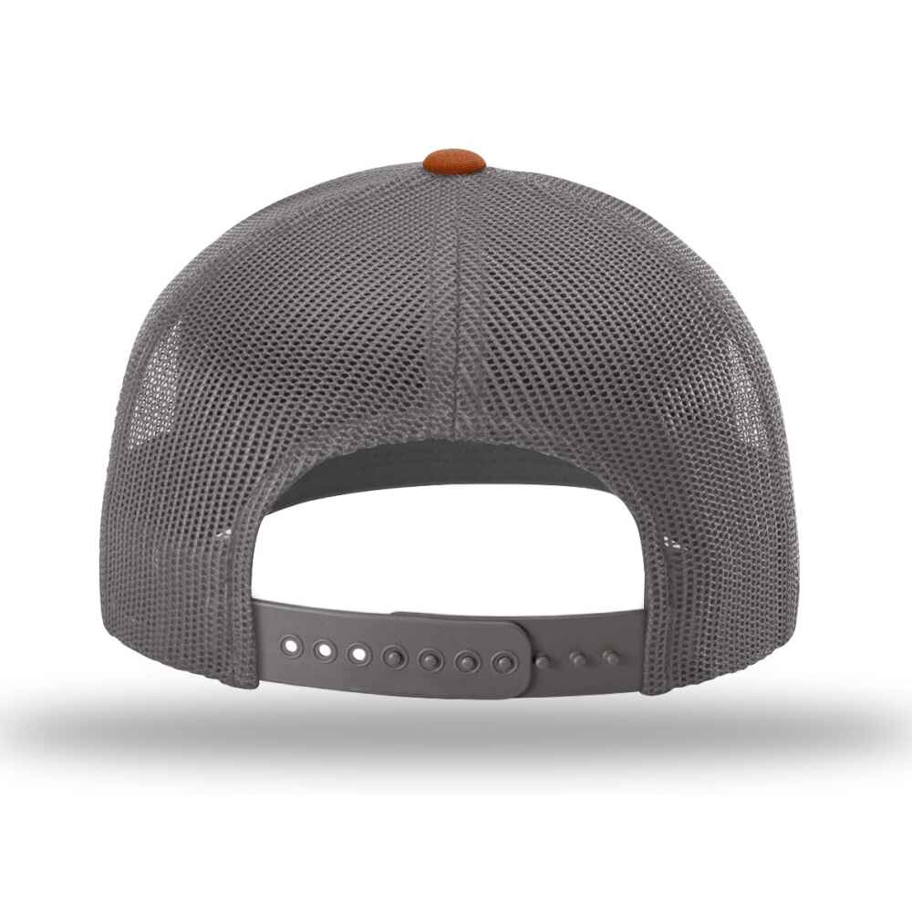 Custom-Heather-Grey-Charcoal-Dark-Orange-color-112-style-blank-trucker-hat-back-view