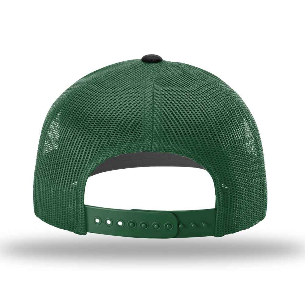 Custom-Heather-Grey-Dark-Green-Black-color-112-style-blank-trucker-hat-back-view