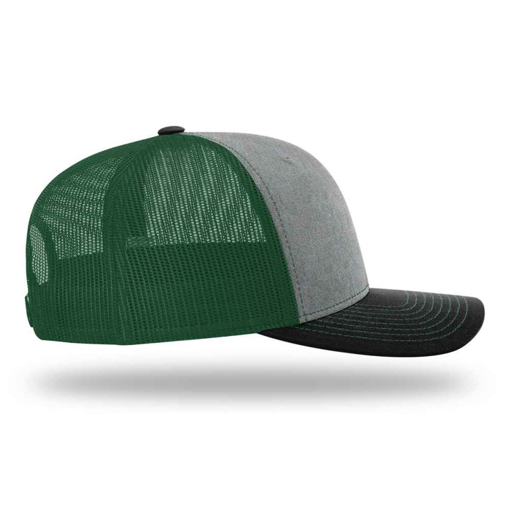 Custom-Heather-Grey-Dark-Green-Black-color-112-style-blank-trucker-hat-right-view