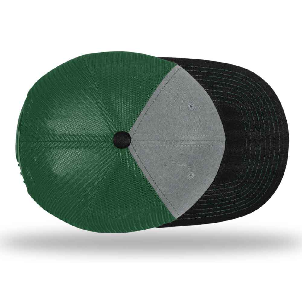 Custom-Heather-Grey-Dark-Green-Black-color-112-style-blank-trucker-hat-top-view