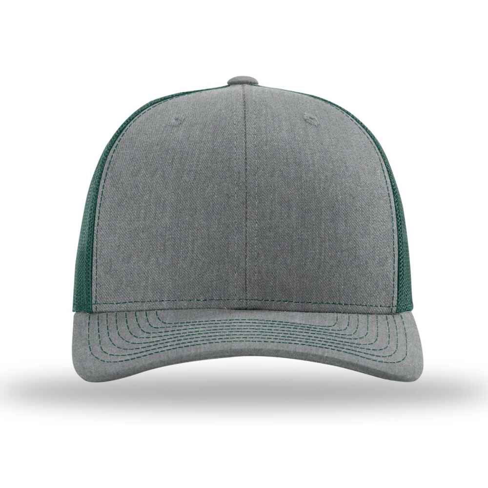 Custom-Heather-Grey-Dark-Green-color-112-style-blank-trucker-hat-front-view