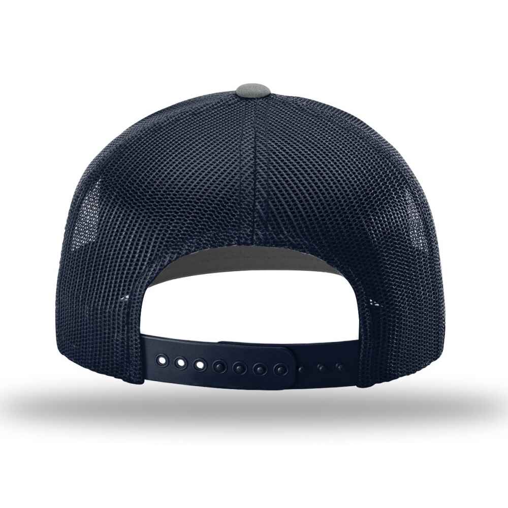 Custom-Heather-Grey-Navy-color-112-style-blank-trucker-hat-back-view