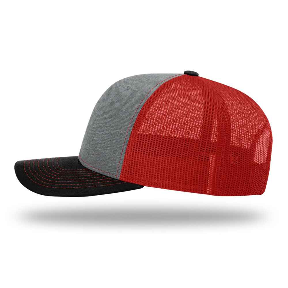 Custom-Heather-Grey-Red-Black-color-112-style-blank-trucker-hat-left-view
