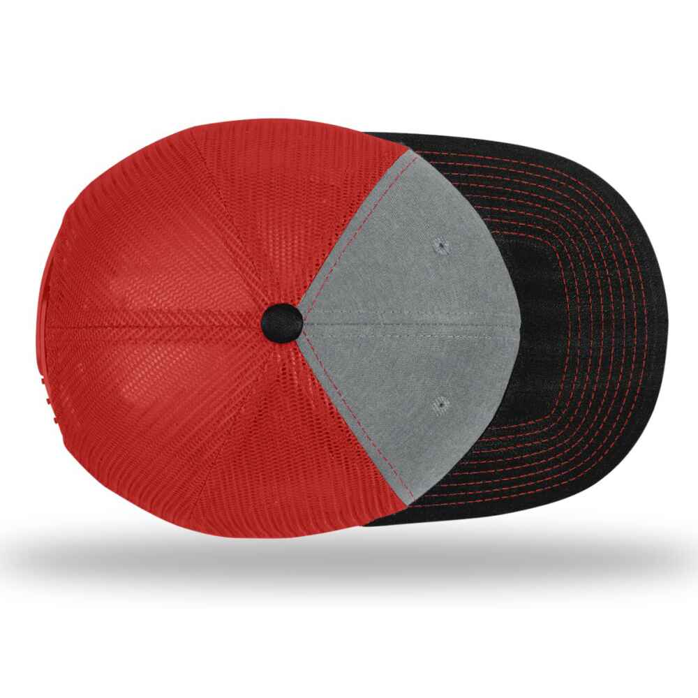 Custom-Heather-Grey-Red-black-color-112-style-blank-trucker-hat-top-view