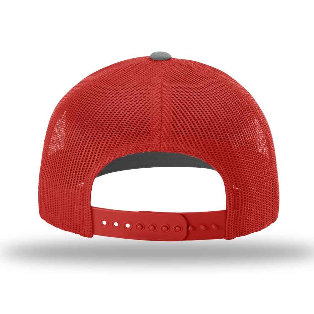 Custom-Heather-Grey-Red-color-112-style-blank-trucker-hat-back-view