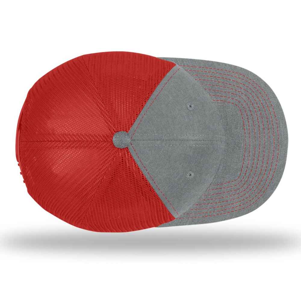 Custom-Heather-Grey-Red-color-112-style-blank-trucker-hat-top-view