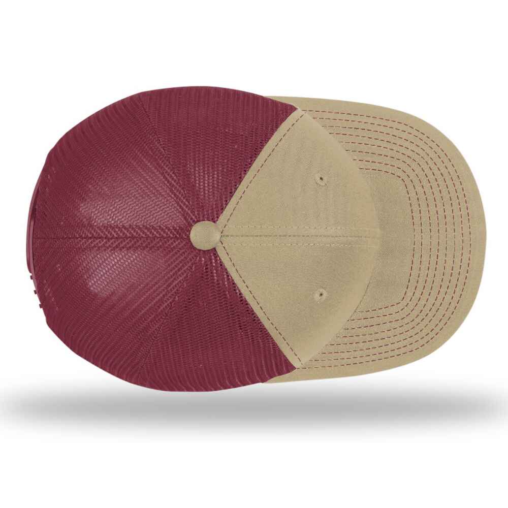 Custom-Khaki-Burgundy-color-112-style-blank-trucker-hat-top-view