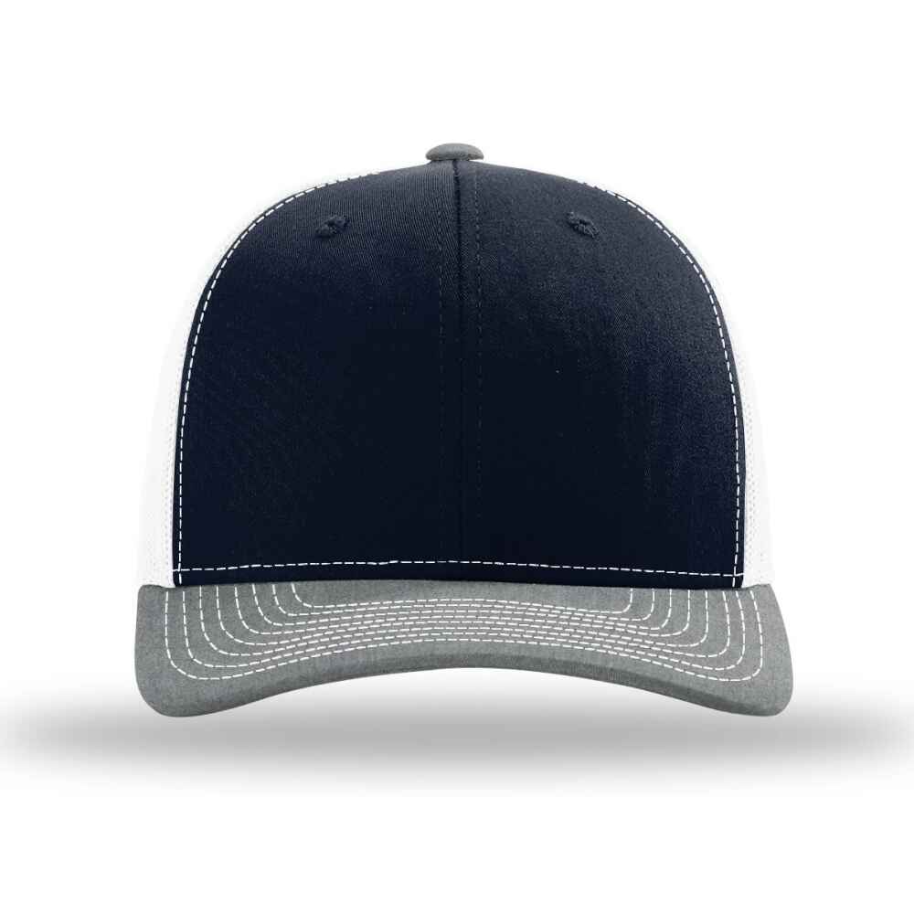 Custom-Navy-White-Heather-Grey-color-112-style-blank-trucker-hat-front-view