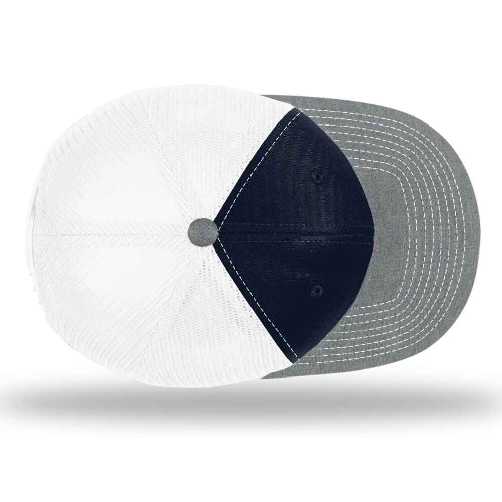 Custom-Navy-White-Heather-Grey-color-112-style-blank-trucker-hat-top-view