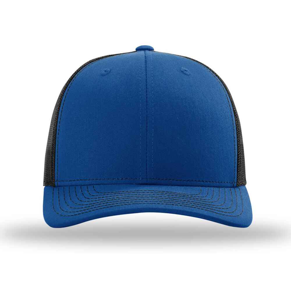 Custom-Royal-Black-color-112-style-blank-trucker-hat-front-view