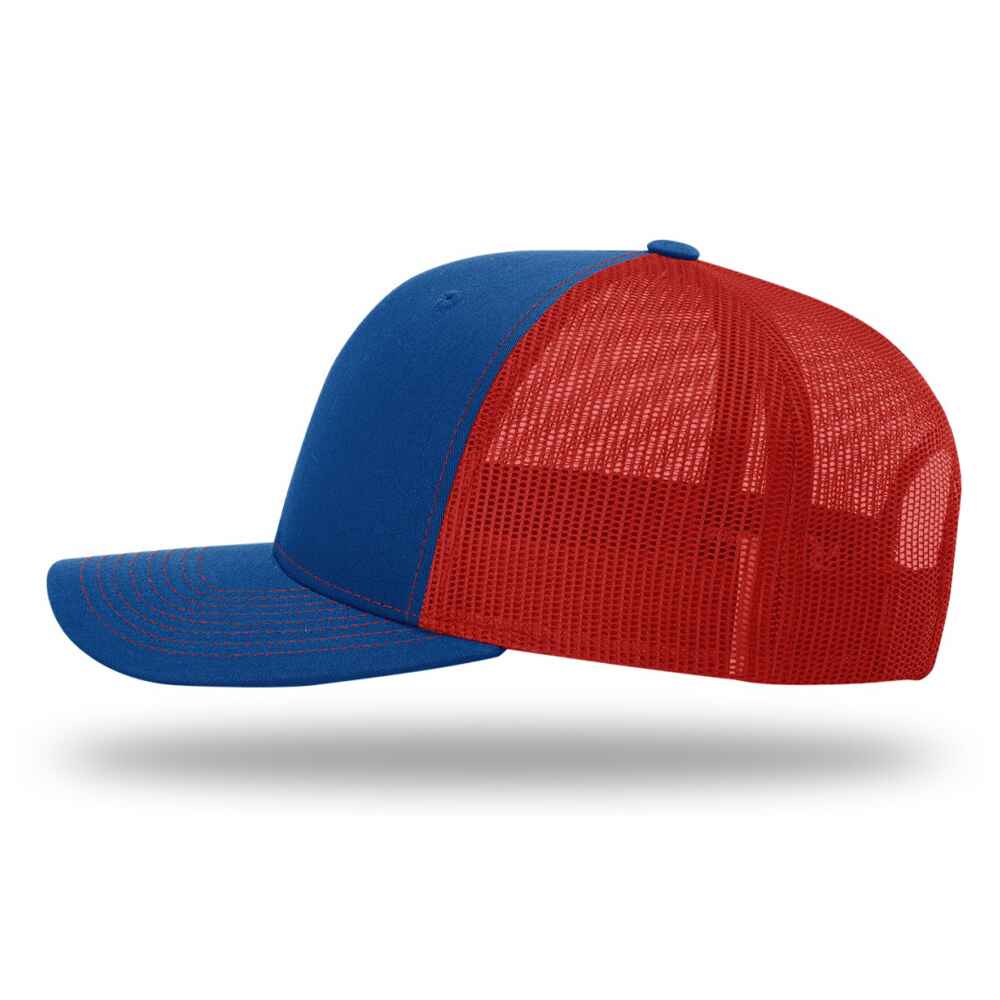 Custom-Royal-Red-color-112-style-blank-trucker-hat-left-view