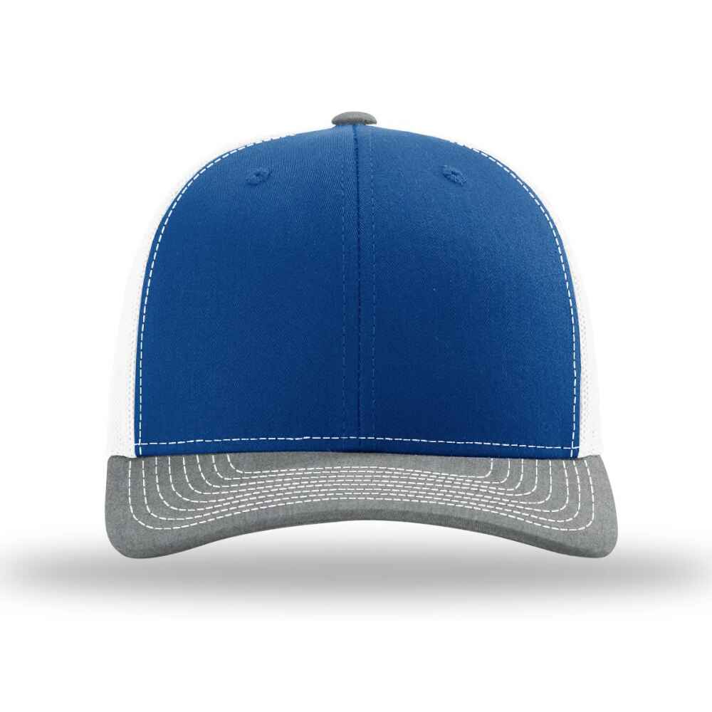 Custom-Royal-White-Heather-grey-color-112-style-blank-trucker-hat-front-view