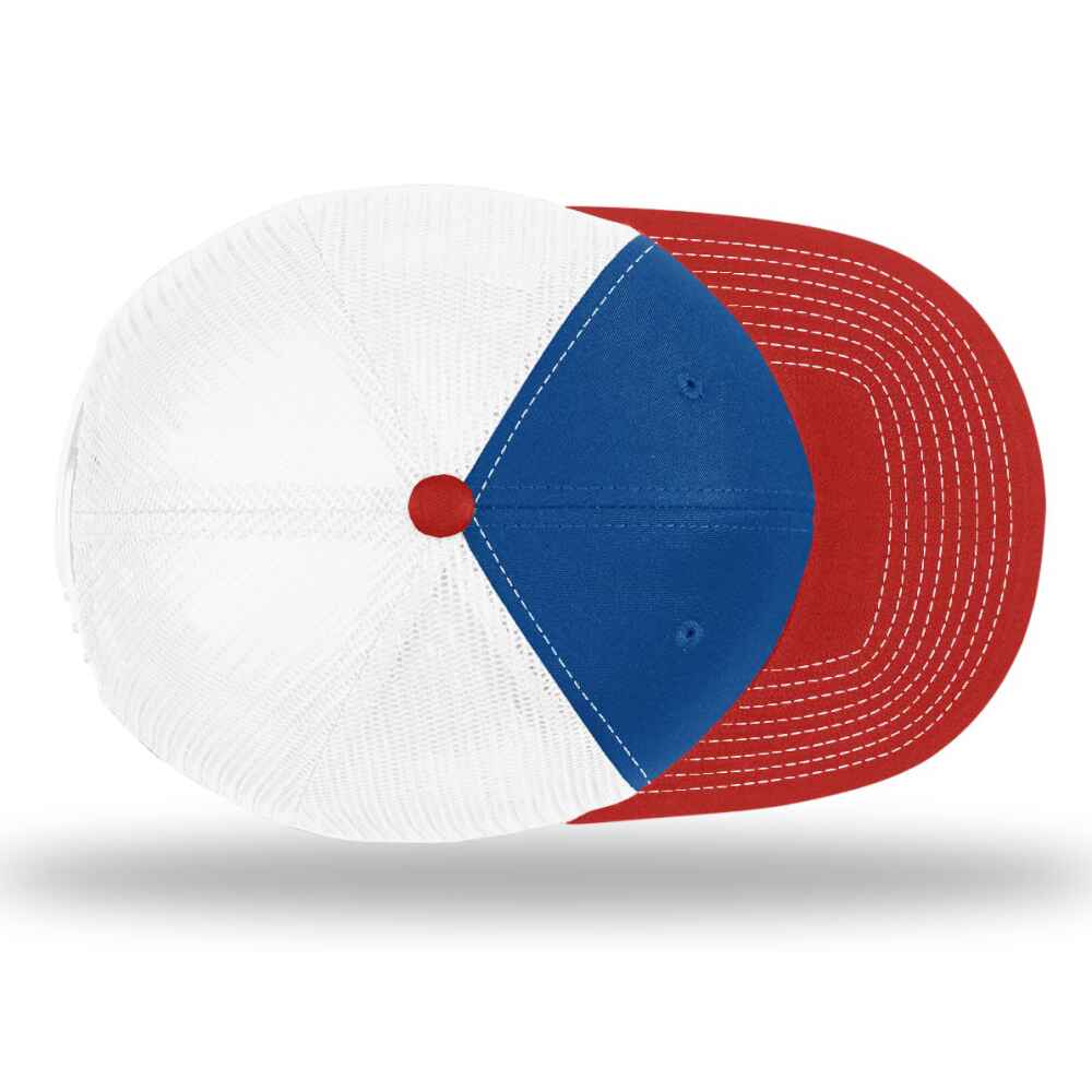 Custom-Royal-White-Red-color-112-style-blank-trucker-hat-top-view
