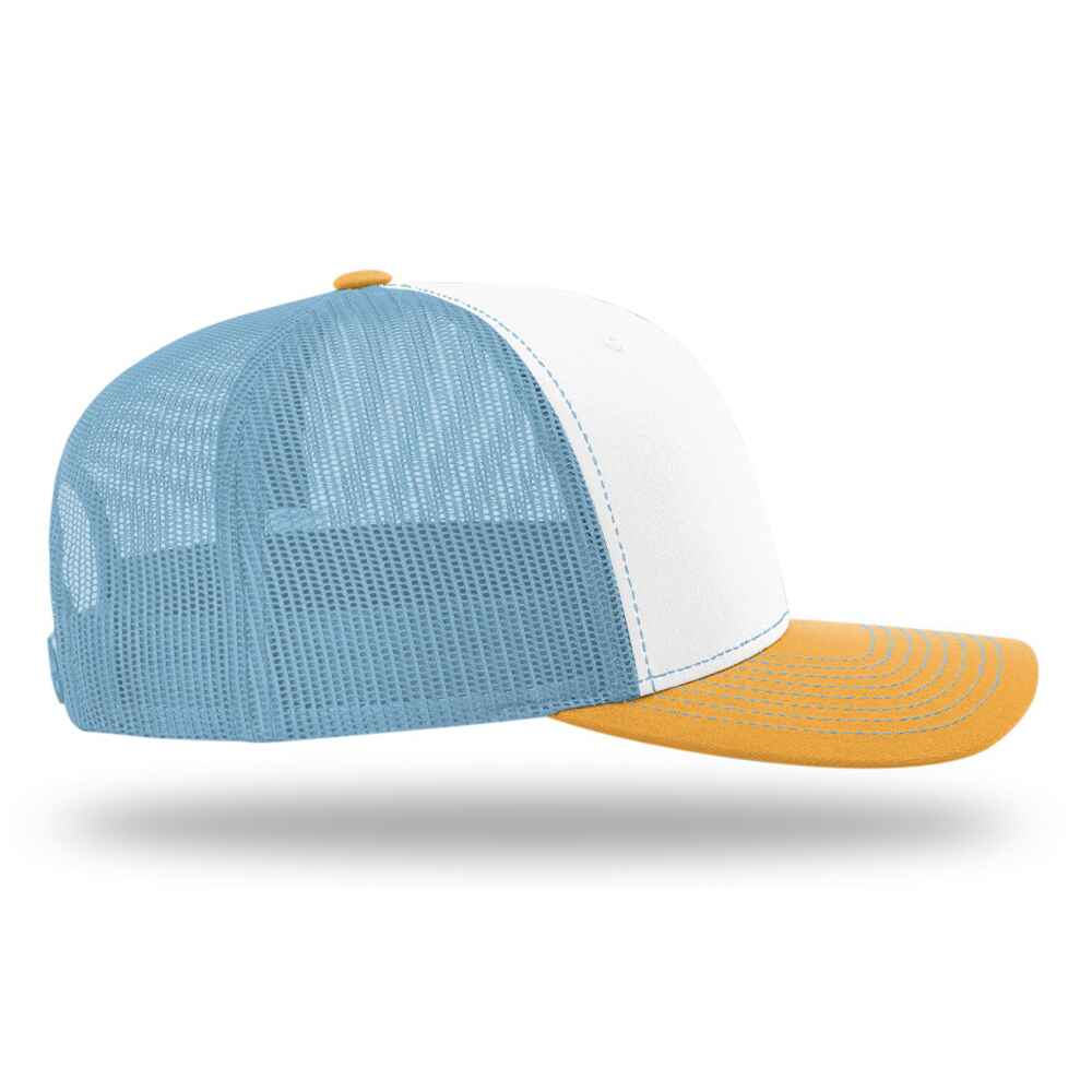 Custom-White-Columbia-blue-yellow-color-112-style-blank-trucker-hat-right-view