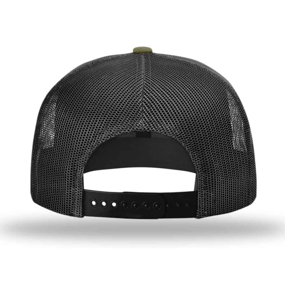 Custom Flat Brim Baseball Caps Richardson 511 trucker hat style Black Mesh Back Loden Acrylic Polyester Blend Fabric Back view