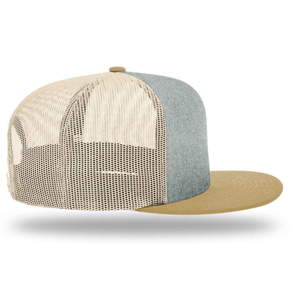Custom Flat Brim Baseball Caps Richardson 511 trucker hat style Heather Grey Front Acrylic Polyester Blend Fabric Biscuit Acrylic Polyester Blend fabric Visor Birch Mesh Back Right View