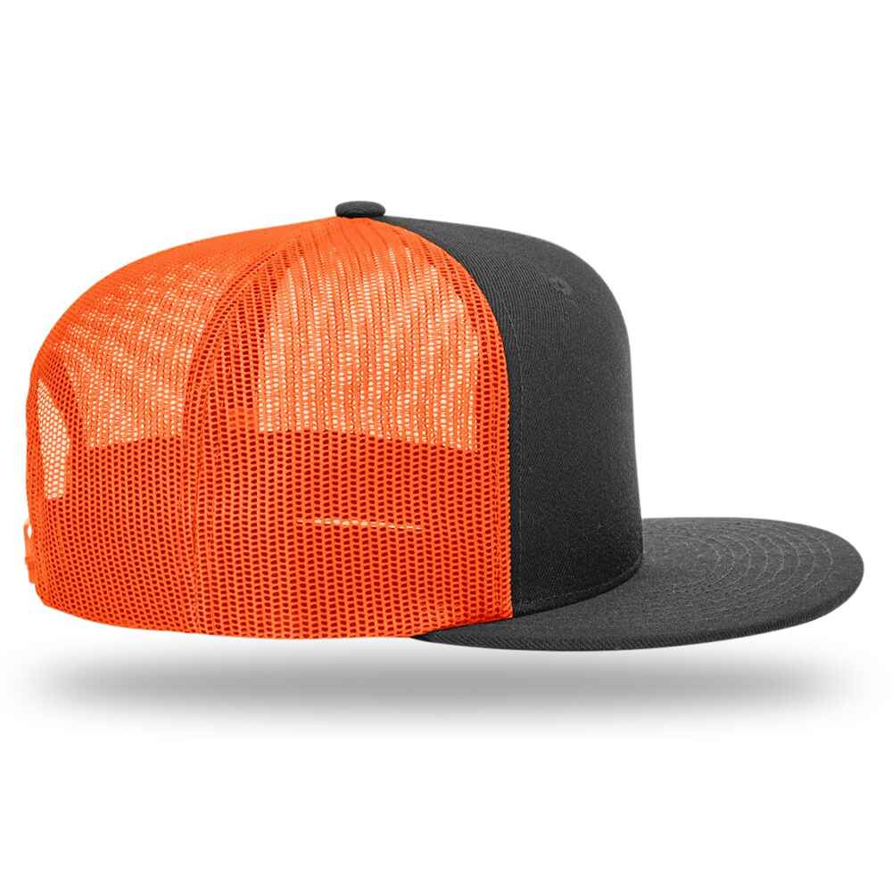 Custom Flat Brim Baseball Caps Richardson 511 trucker hat style Neon Orange Mesh Back Black Acrylic Polyester Blend Fabric Right view