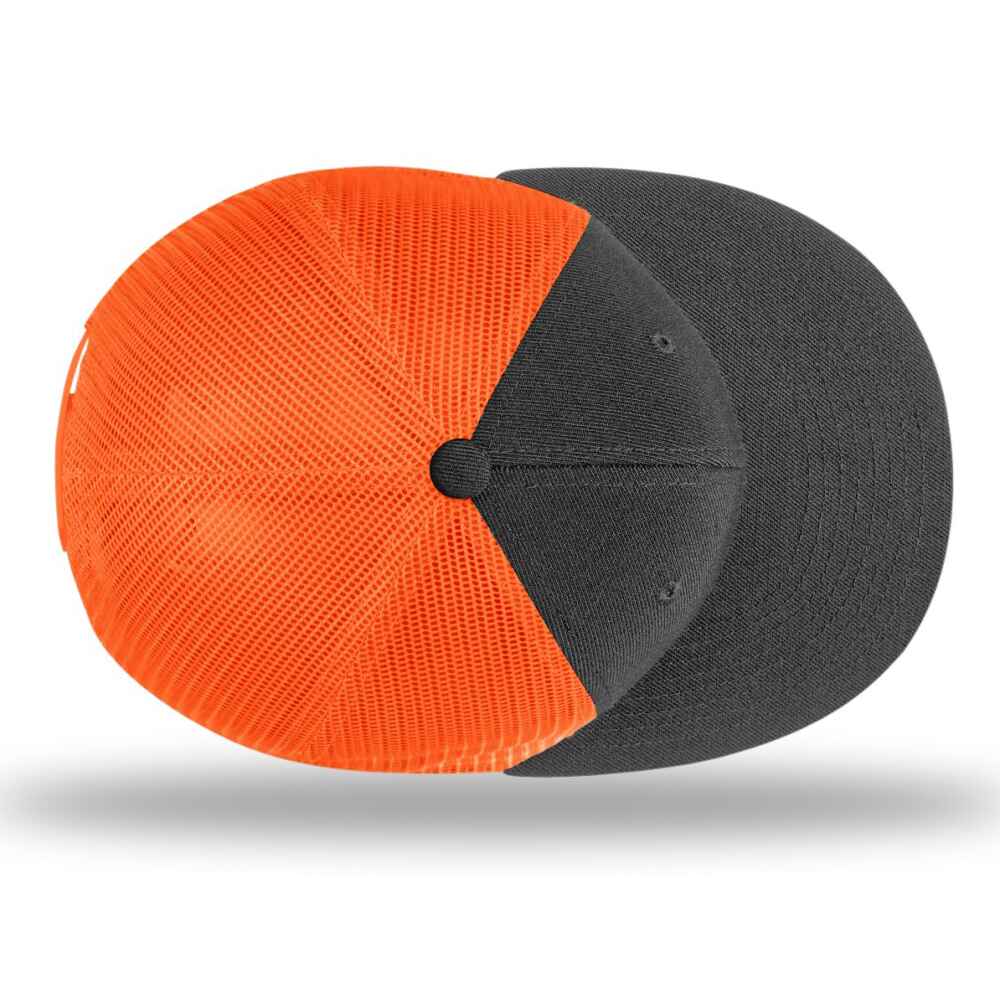 Custom Flat Brim Baseball Caps Richardson 511 trucker hat style Neon Orange Mesh Back Black Acrylic Polyester Blend Fabric Top view