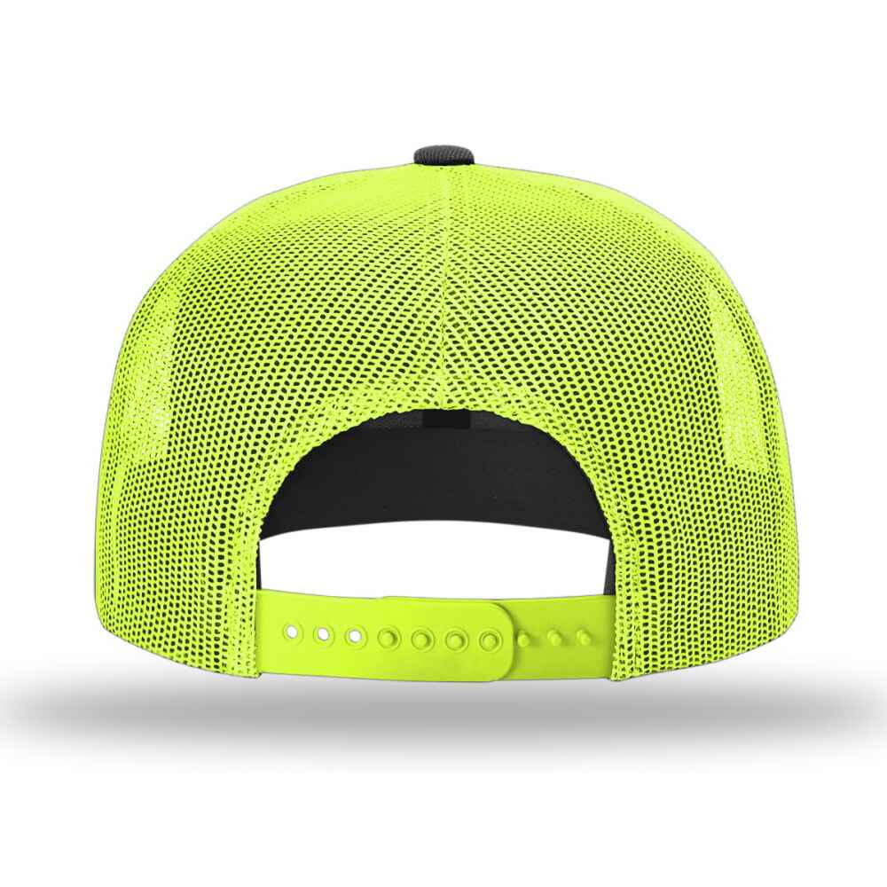 Custom Flat Brim Baseball Caps Richardson 511 trucker hat style Neon Yellow Mesh Back Black Acrylic Polyester Blend Fabric BACK view