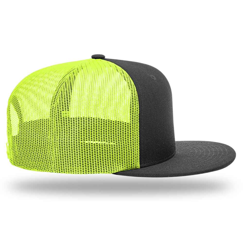 Custom Flat Brim Baseball Caps Richardson 511 trucker hat style Neon Yellow Mesh Back Black Acrylic Polyester Blend Fabric Right view