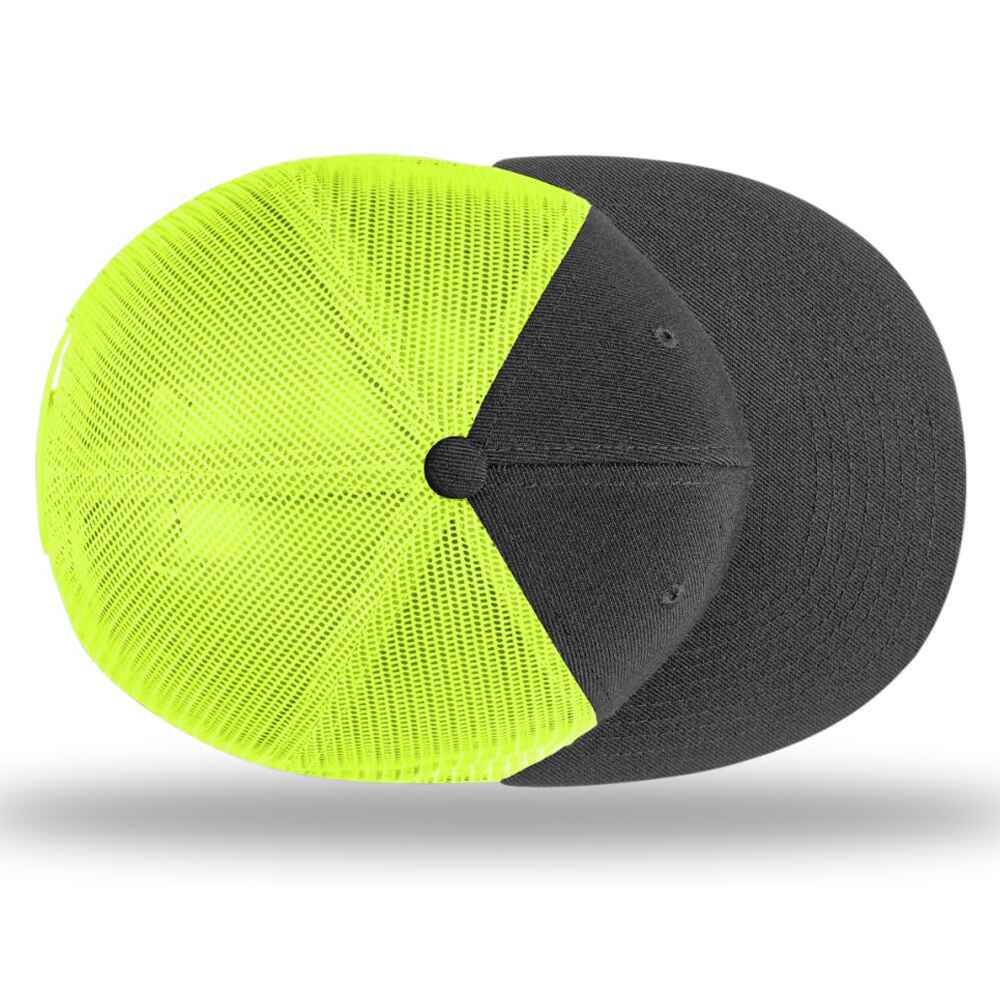 Custom Flat Brim Baseball Caps Richardson 511 trucker hat style Neon Yellow Mesh Back Black Acrylic Polyester Blend Fabric tOP view