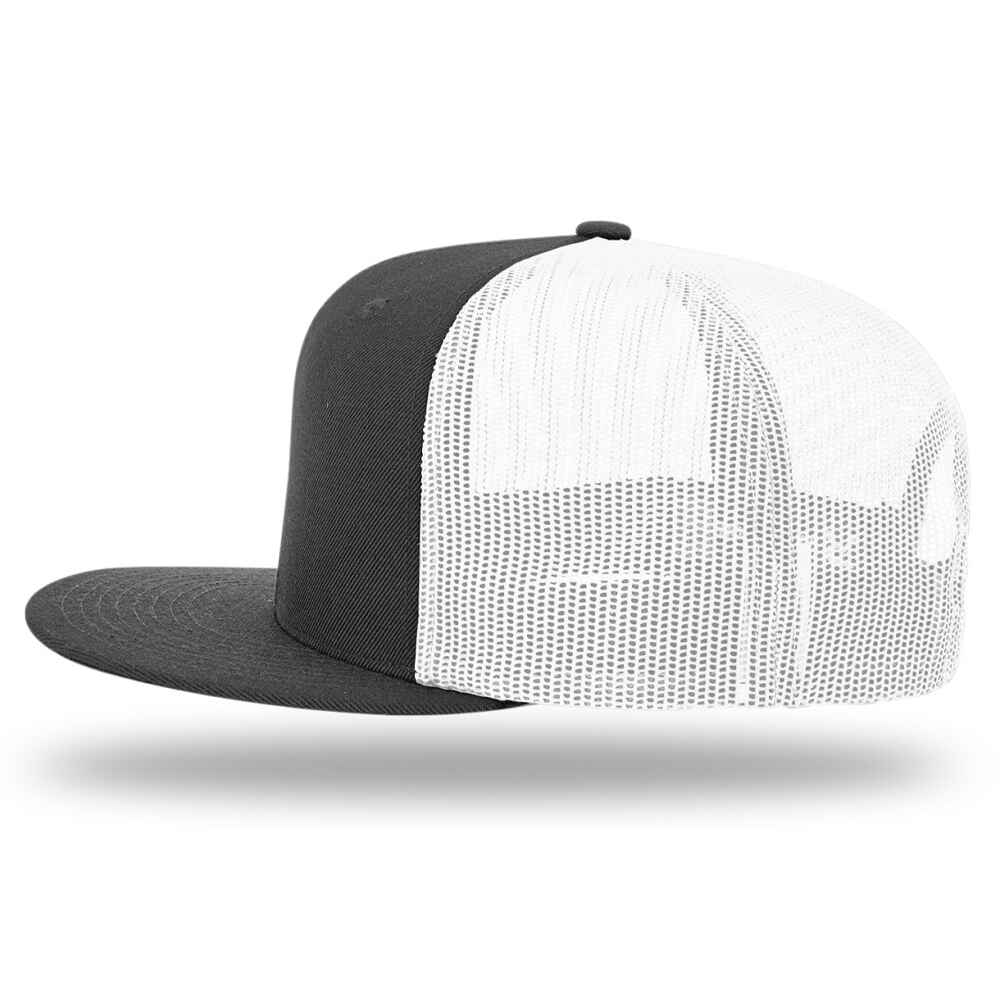 Custom Flat Brim Baseball Caps Richardson 511 trucker hat style White Mesh Back Black Acrylic Polyester Blend Fabric Left View