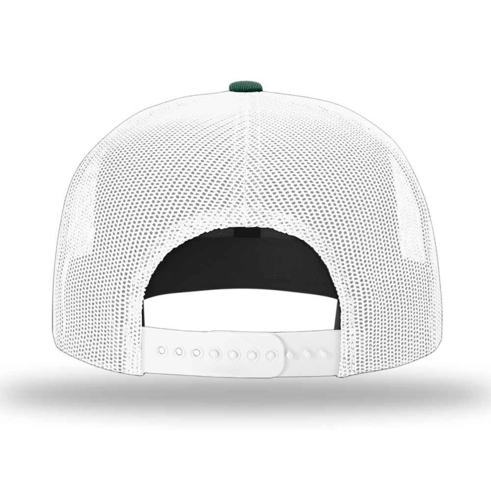 Custom Flat Brim Baseball Caps Richardson 511 trucker hat style White Mesh Back Dark Green Acrylic Polyester Blend Fabric BACK view