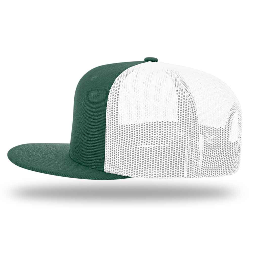 Custom Flat Brim Baseball Caps Richardson 511 trucker hat style White Mesh Back Dark Green Acrylic Polyester Blend Fabric Left view