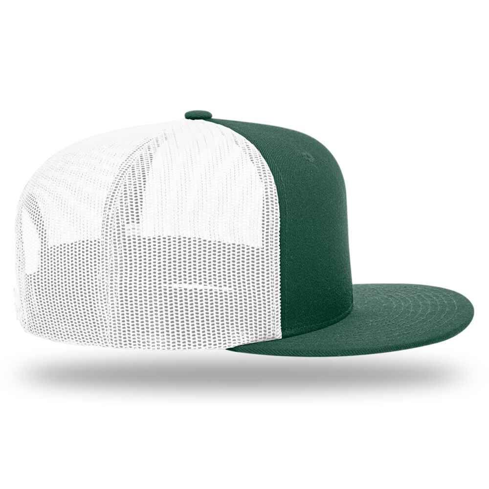 Custom Flat Brim Baseball Caps Richardson 511 trucker hat style White Mesh Back Dark Green Acrylic Polyester Blend Fabric RIGHT view