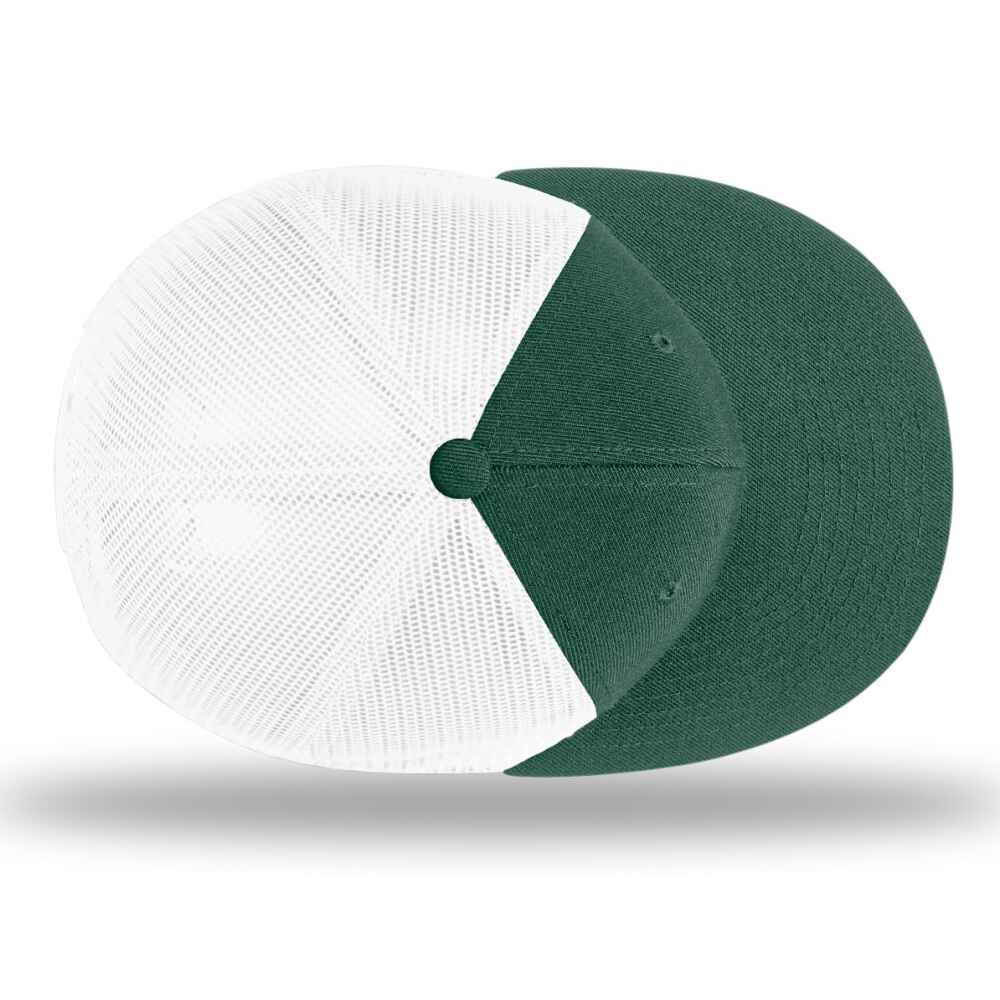 Custom Flat Brim Baseball Caps Richardson 511 trucker hat style White Mesh Back Dark Green Acrylic Polyester Blend Fabric top view