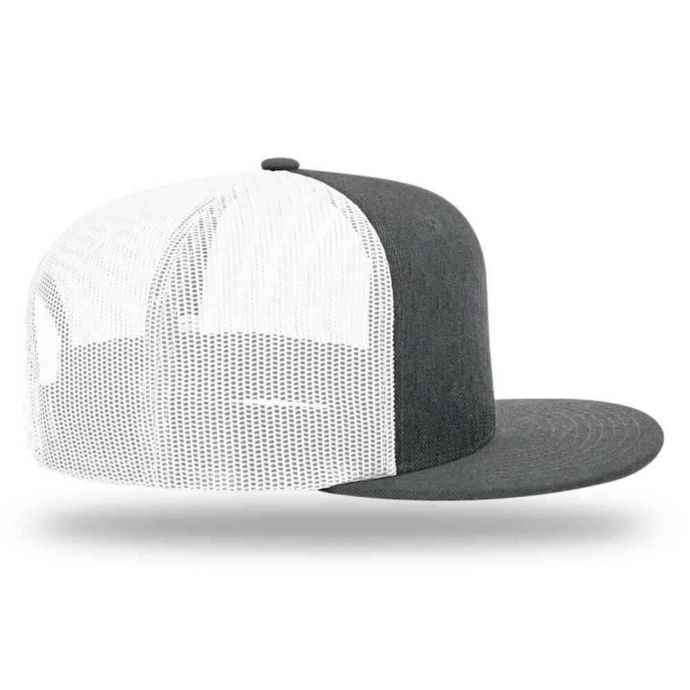 Custom Flat Brim Baseball Caps Richardson 511 trucker hat style White Mesh Back Heather Charcoal Acrylic Polyester Blend Fabric RIGHT view