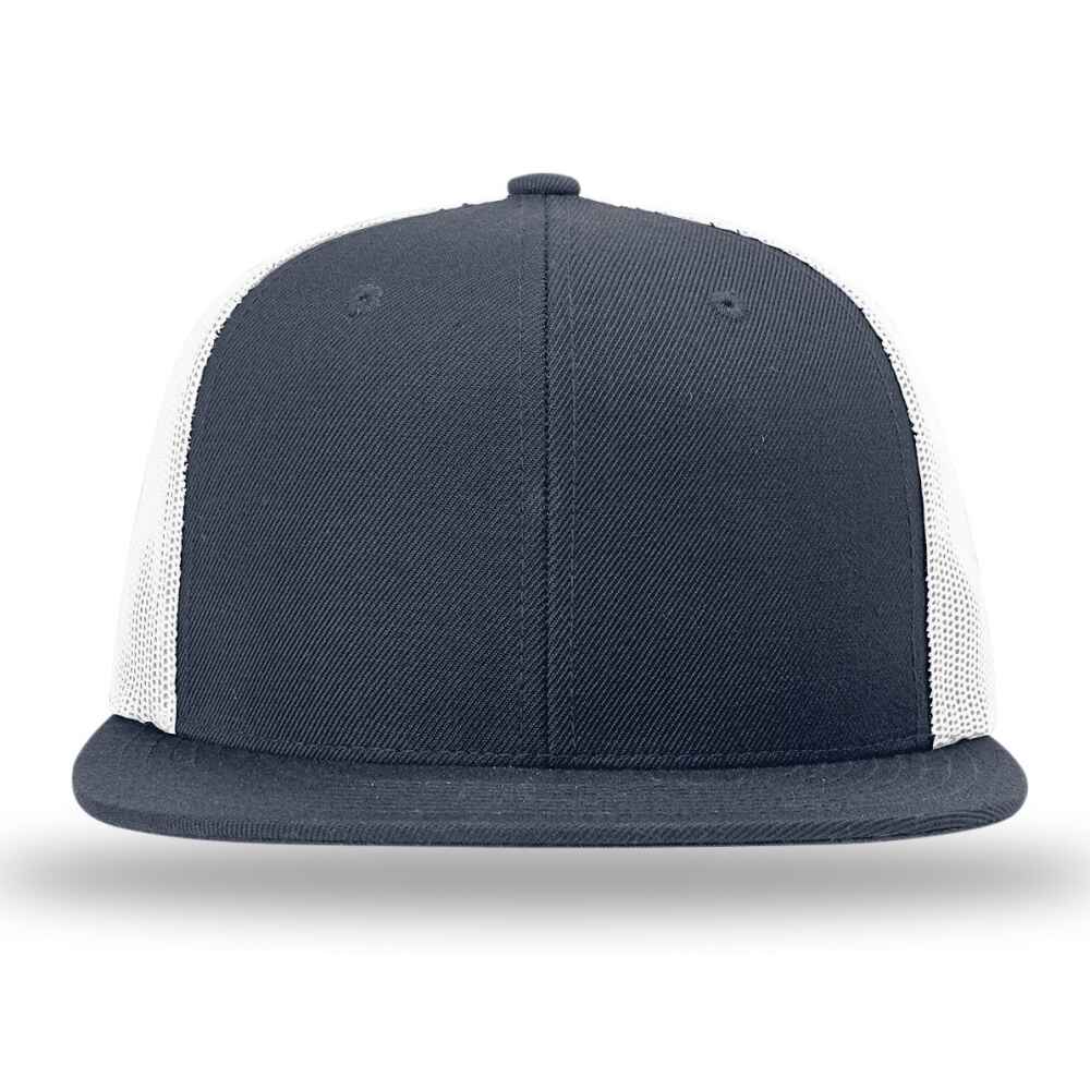 Custom Flat Brim Baseball Caps Richardson 511 trucker hat style White Mesh Back Navy Acrylic Polyester Blend Fabric Front view