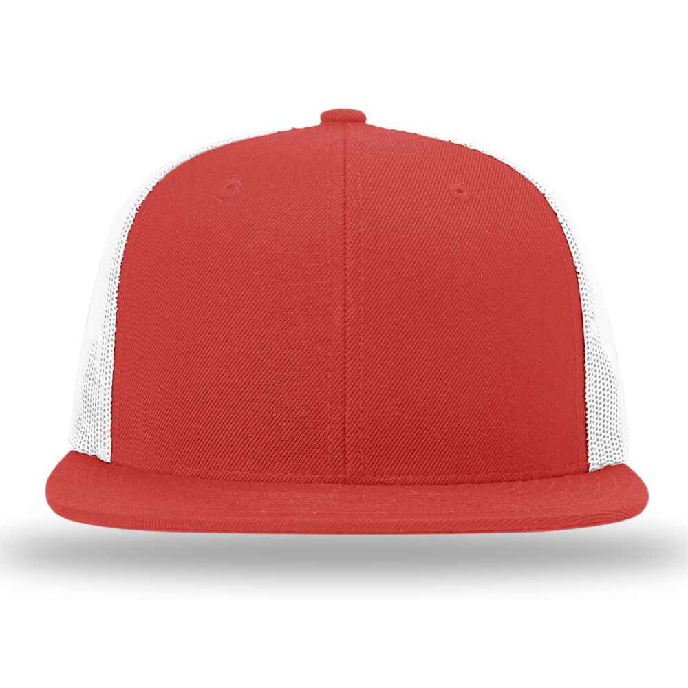 8Custom Flat Brim Baseball Caps Richardson 511 trucker hat style White Mesh Back RED Acrylic Polyester Blend Fabric Front view