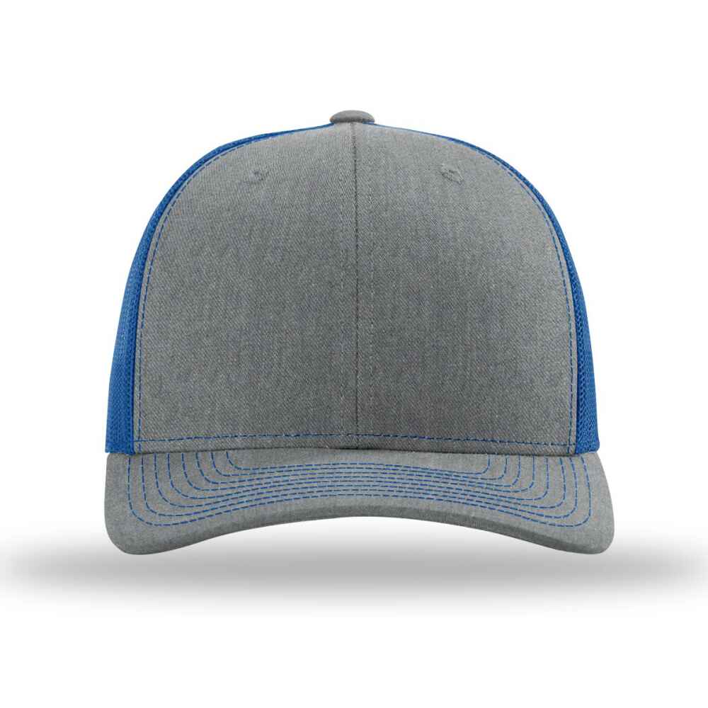 TOPONE@Custom Blank Richardson Style 112 Trucker Hat Split Colors Heather Grey Cotton Royal Mesh FRONT VIEW