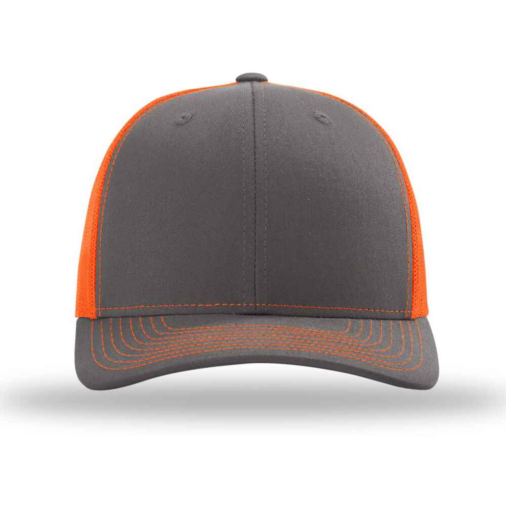 Topone_Accessories_Limited_Custom_Richardson_Trucker_Hat_112_style_split_color_charcoal_cotton_neon_orange_mesh_front_view