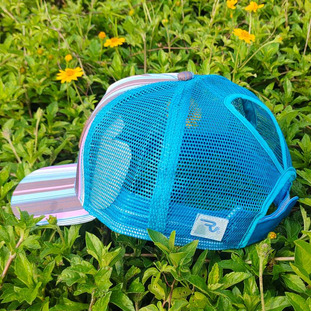Topone Custom Leather Patch on cap front Sublimate Printed Front and Visor Neon Blue Mesh Back Trucker Hats Back View