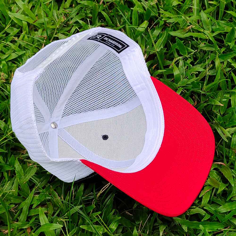Topone Custom Printed Patch on front Navy cotton on front panels White Mesh back Red Cotton Visor Trucker hats Inner View