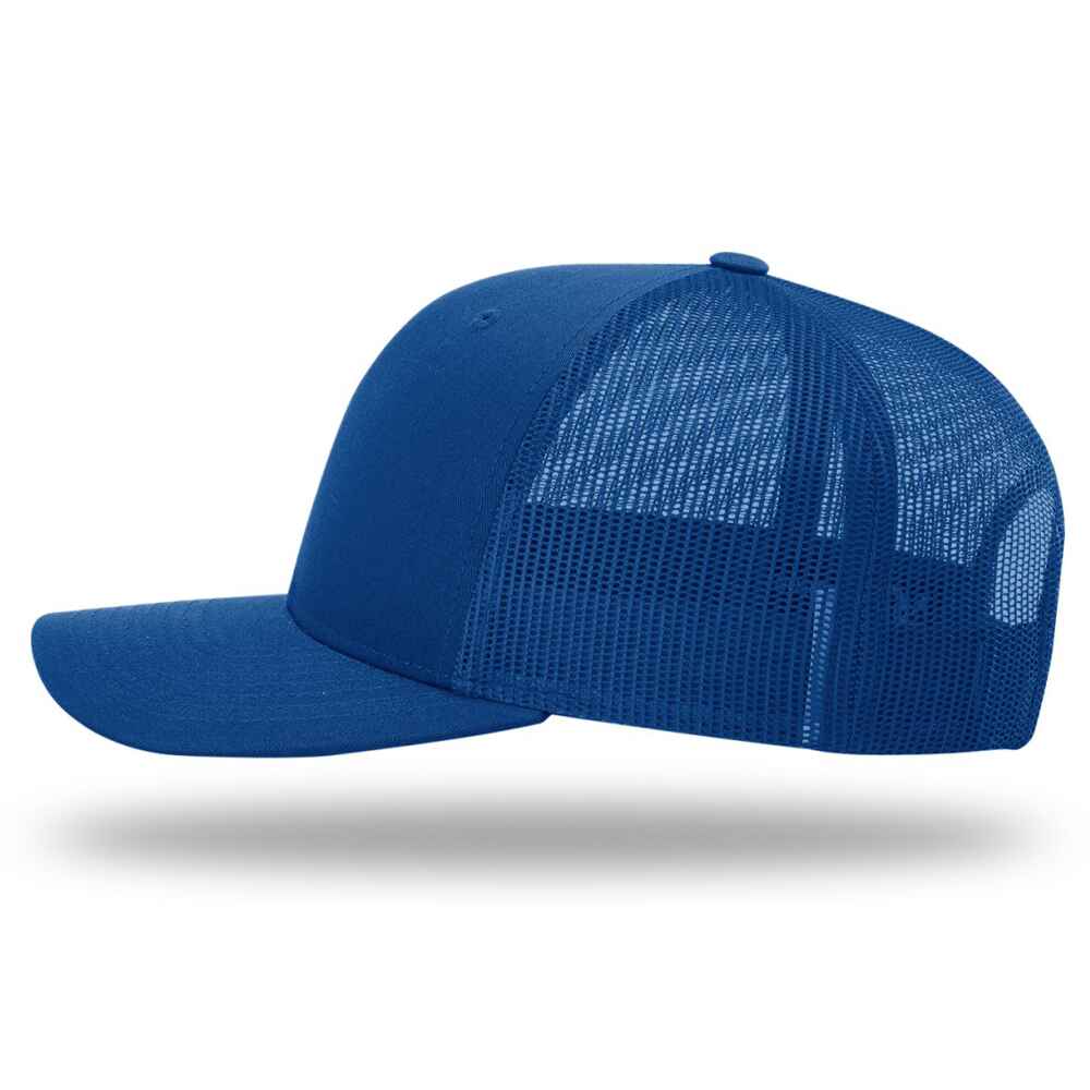 Topone Custom Solid Full Royal Color Cotton Twill Mesh back Richardson 112 style trucker hat left view