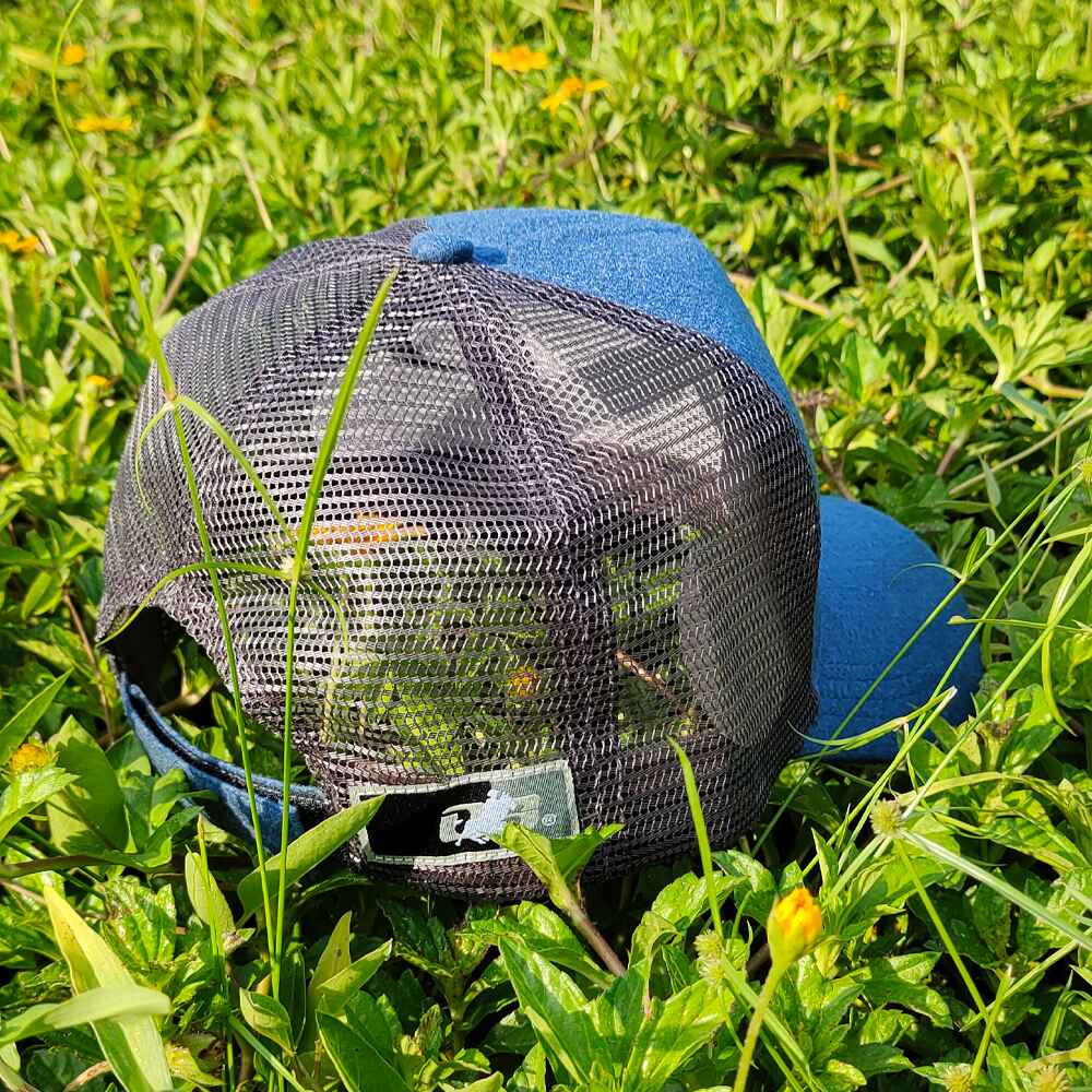 Topone Custom Sublimate Printed on front Felt Fabric Solid Blue Color On the front and visor Solid Black Mesh Back Trucker Hats Back View