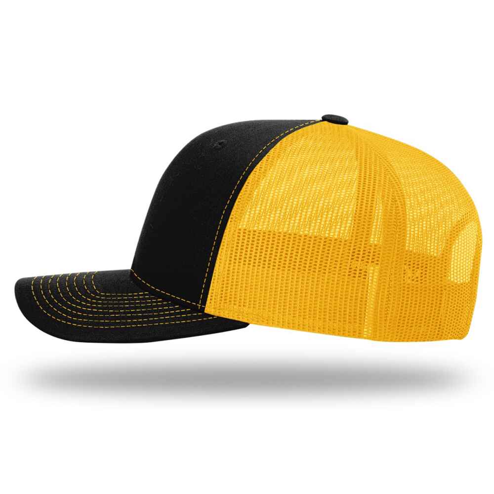 Custom-Black-Gold-color-112-style-blank-trucker-hat-Left-view