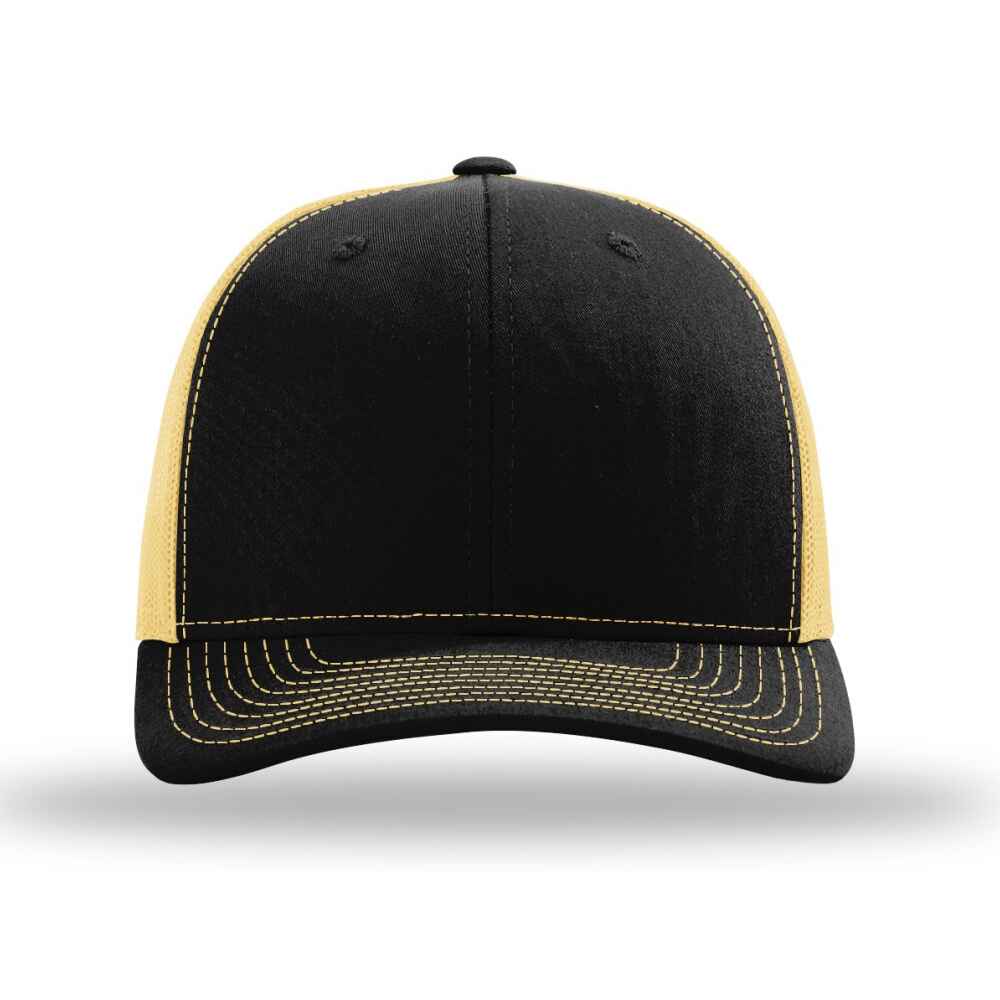 Custom-Black-Vegas-Gold-color-112-style-blank-trucker-hat-Front-view