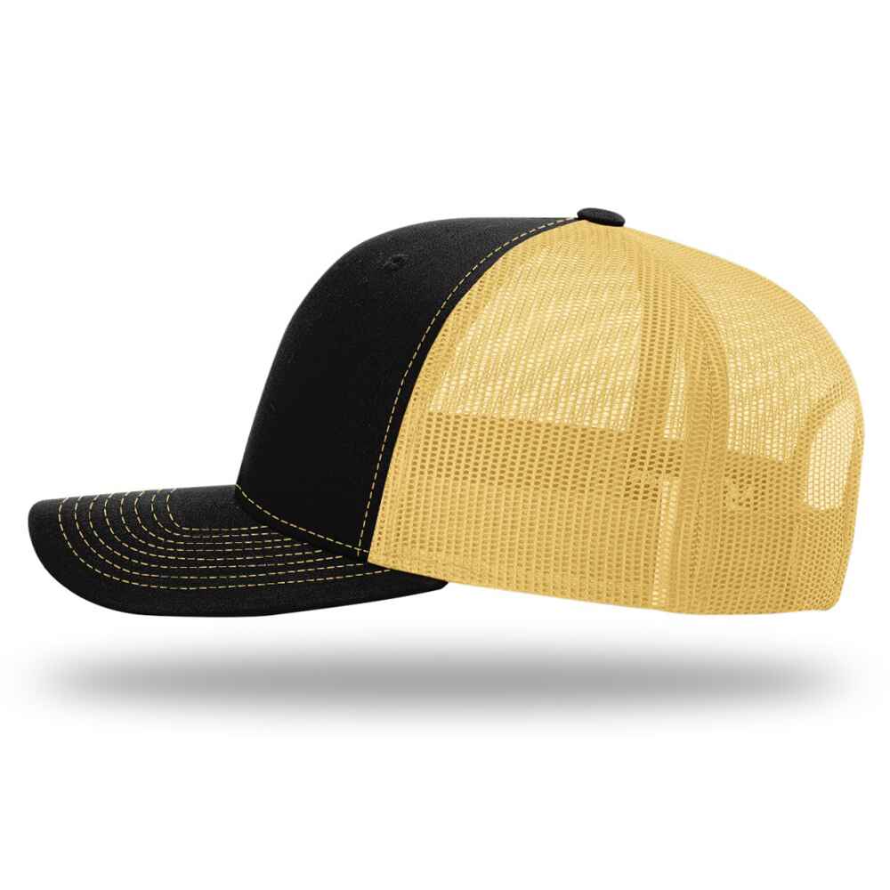 Custom-Black-Vegas-Gold-color-112-style-blank-trucker-hat-Left-view