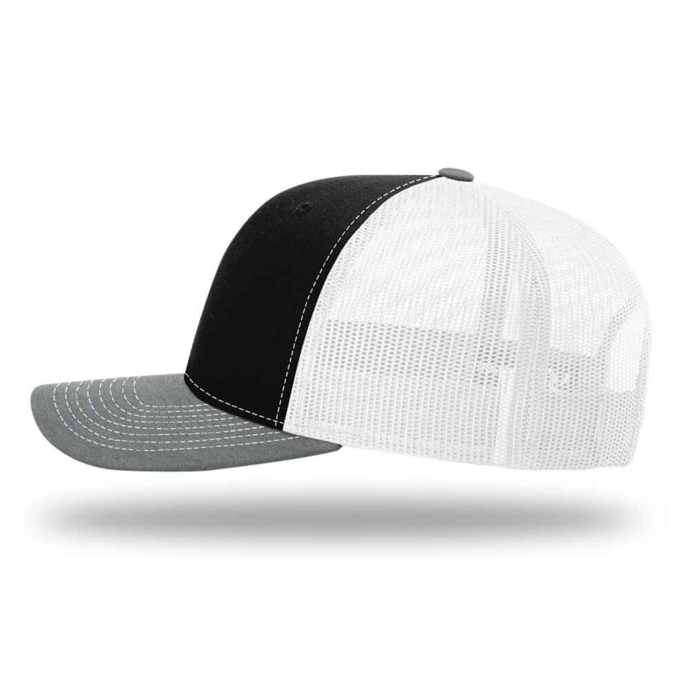 Custom-Black-White-Heather-Grey-color-112-style-blank-trucker-hat-left-view