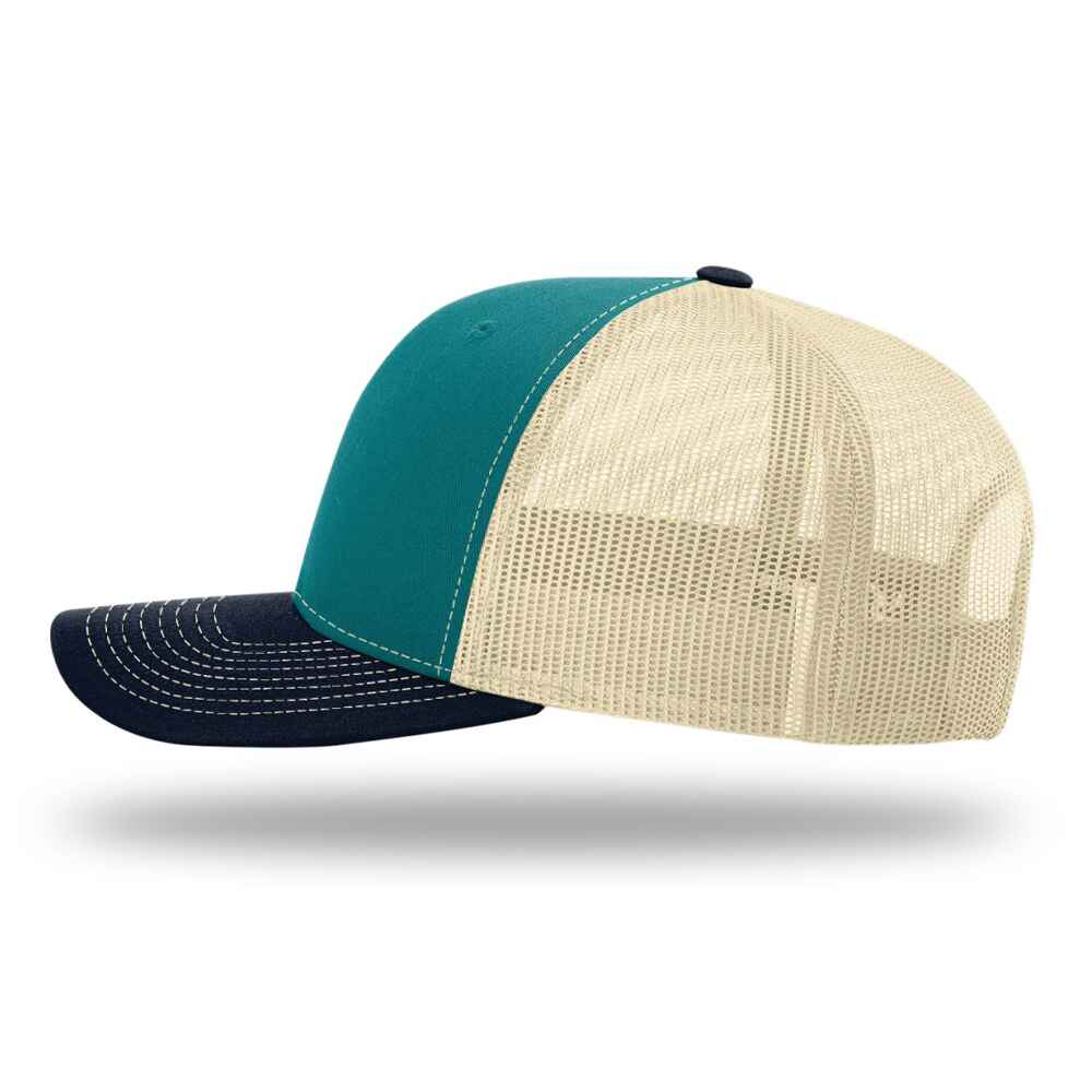 Custom-Blue-Teal-Birch-Navy-color-112-style-blank-trucker-hat-Left-view